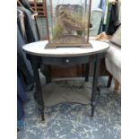 AN OVAL WHITE MARBLE TOPPED EBONISED TWO TIER TABLE WITH SINGLE DRAWER