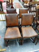 A SET OF FOUR LEATHER UPHOLSTERED OAK DINING CHAIRS