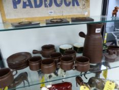 A DENBY BROWN COFFEE SET TOGETHER WITH TWO GREEN COFFEE CUPS AND SAUCERS