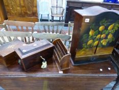 A TEA CADDY, A DECORATIVE WALL CABINET, LETTER RACK, ETC.