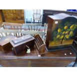 A TEA CADDY, A DECORATIVE WALL CABINET, LETTER RACK, ETC.