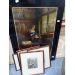 A VINTAGE COLOUR ADVERTISING PICTURE, 62 x 40cms, TOGETHER WITH OTHER SMALL DECORATIVE PICTURES.