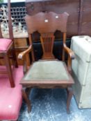 AN OAK DESK CHAIR WITH OLIVE VELVET SEAT