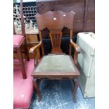 AN OAK DESK CHAIR WITH OLIVE VELVET SEAT