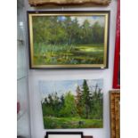 20th CENTURY RUSSIAN SCHOOL. A WOODED LAKE VIEW, SIGNED INDISTINCTLY, OIL ON CANVAS, EXTENSIVELY