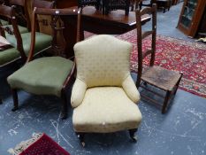 A 19th C. ROSEWOOD NURSING CHAIR WITH GREEN VELVET SEAT, A YELLOW UPHOLSTERED NURSING CHAIR AND