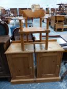 A PAIR OF PINE BEDSIDE CUPBOARDS TOGETHER WITH A PINE CHILD'S ELBOW CHAIR