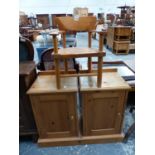 A PAIR OF PINE BEDSIDE CUPBOARDS TOGETHER WITH A PINE CHILD'S ELBOW CHAIR