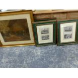 SIX 19th.C. LONDON VIEWS FRAMED AS THREE, TOGETHER WITH A PRINT AFTER G. MORLAND. SIZES VARY.