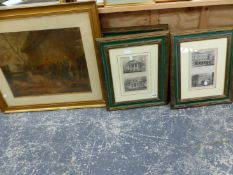 SIX 19th.C. LONDON VIEWS FRAMED AS THREE, TOGETHER WITH A PRINT AFTER G. MORLAND. SIZES VARY.