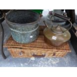 A PICNIC HAMPER, COPPER KETTLE, ETC.