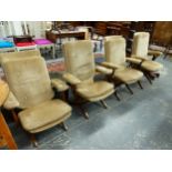 A SET OF FOUR BEIGE UPHOLSTERED BUTTON BACKED ELBOW CHAIRS ADJUSTABLE ON STAINED WOOD LEGS