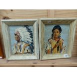 20th.C. SCHOOL. TWO PORTRAITS OF AMERICAN INDIANS, OIL ON BOARD, 26 x 21cms.
