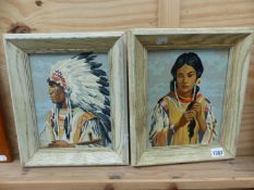 20th.C. SCHOOL. TWO PORTRAITS OF AMERICAN INDIANS, OIL ON BOARD, 26 x 21cms.