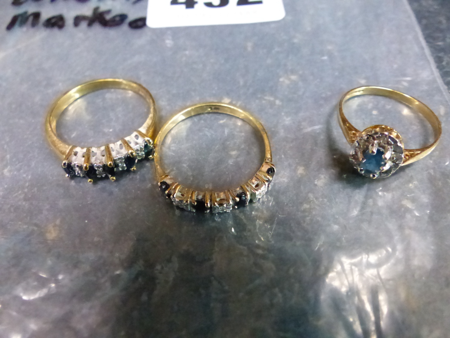 THREE 9ct GOLD RINGS TO INCLUDE TWO GEMSET AND DIMAMOND EXAMPLES AND ONE SAPPHIRE EXAMPLE. GROSS