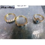 THREE 9ct GOLD RINGS TO INCLUDE TWO GEMSET AND DIMAMOND EXAMPLES AND ONE SAPPHIRE EXAMPLE. GROSS