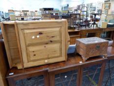 A CHINESE CARVED WOOD BOX TOGETHER WITH A PINE WALL CUPBOARD