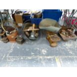 SETS OF SCALES, WEIGHTS, COPPER COAL SCUTTLES, A HAND BELL AND SHOE LASTS