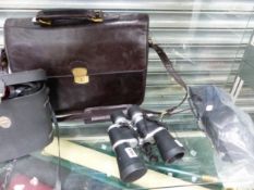 TWO PAIRS OF BINOCULARS, A CANON PC1016 CAMERA WITH BATTERY CHARGER, A RICOH CAMERA AND A HIDESIGN