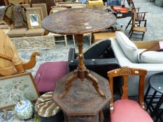 A VINE CARVED FRUIT WOOD TRIPOD TABLE TOGETHER WITH A CHIP CARVED TWO TIER OCTAGONAL TABLE