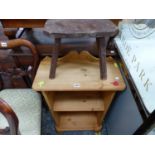 A PINE OPEN BOOKCASE AND A PAINTED STOOL