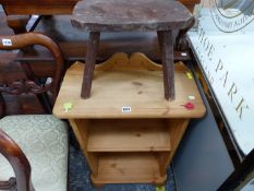 A PINE OPEN BOOKCASE AND A PAINTED STOOL