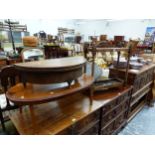 AN OAK STICK STAND, A BURR WALNUT OVAL COFFEE TABLE AND AN OAK FLAP TOP DEMILUNE COFFEE TABLE