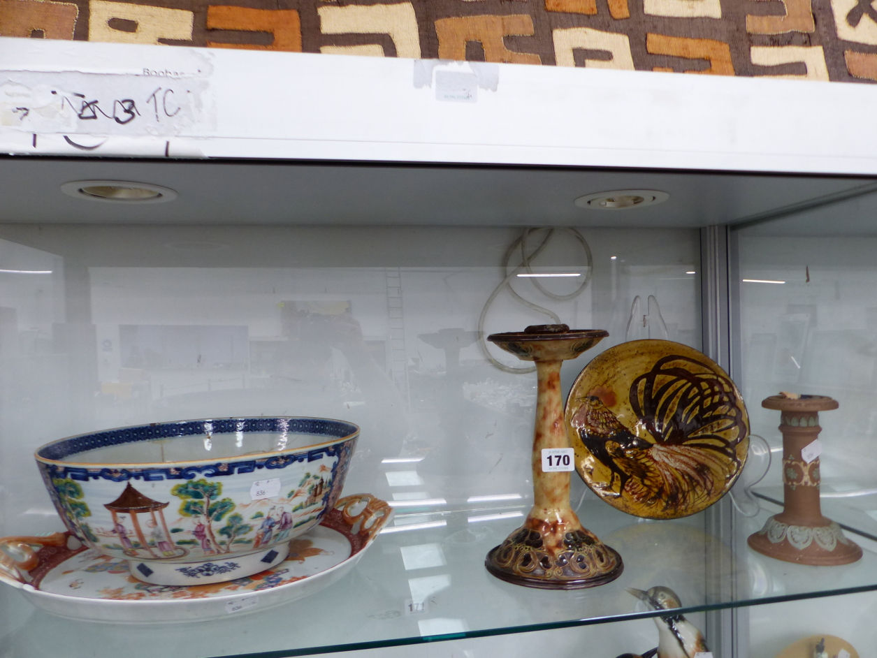 A CHINESE BOWL, A JAPANESE 2 HANDLED TRAY, TWO DOULTON CANDLESTICKS AND A COCKEREL DISH