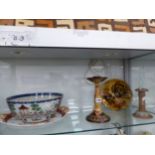 A CHINESE BOWL, A JAPANESE 2 HANDLED TRAY, TWO DOULTON CANDLESTICKS AND A COCKEREL DISH