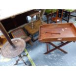 A MAHOGANY BUTLERS TRAY, A GOUT STOOL, TWO OTHER STOOLS AND A MAHOGANY TRIPOD TABLE BASED STANDARD