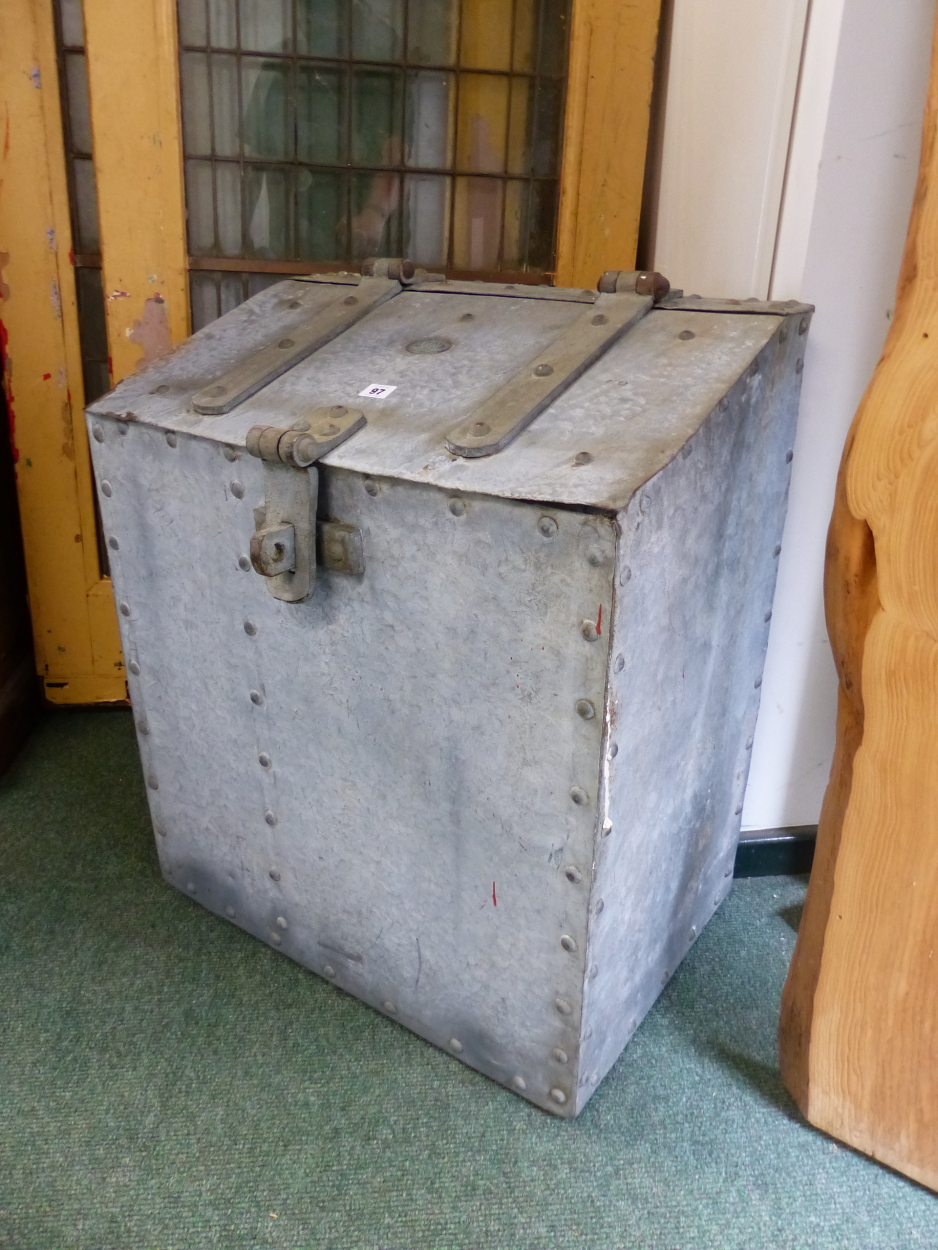 A DATED GALVANISED LOG BIN WITH MASSIVE LOCK CLASP