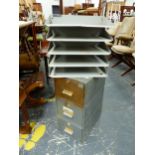 A BISLEY GREY METAL NEST OF FIVE DOCUMENT SHELVES TOGETHER WITH A THREE DRAWER FILING CABINET