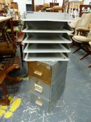 A BISLEY GREY METAL NEST OF FIVE DOCUMENT SHELVES TOGETHER WITH A THREE DRAWER FILING CABINET