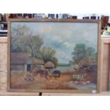19th CENTURY ENGLISH NAIVE SCHOOL. THE FARMYARD, SIGNED INDISTINCTLY, OIL ON CANVAS. 72 x 91cms.
