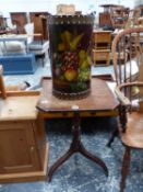 A MAHOGANY CANTED SQUARE TOPPED TRIPOD TABLE TOGETHER WITH A CYLINDRICAL STICK STAND PAINTED WITH