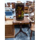 A MAHOGANY CANTED SQUARE TOPPED TRIPOD TABLE TOGETHER WITH A CYLINDRICAL STICK STAND PAINTED WITH