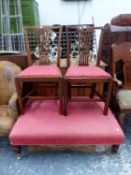 A PAIR OF MAHOGANY CHIPPENDALE TASTE DINING CHAIRS TOGETHER WITH A RED UPHOLSTERED STOOL ON MAHOGANY