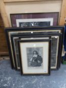 A GROUP OF ANTIQUE AND LATER PORTRAITS, GENRE AND RELIGIOUS PRINTS IN HOGARTH STYLE FRAMES.