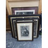 A GROUP OF ANTIQUE AND LATER PORTRAITS, GENRE AND RELIGIOUS PRINTS IN HOGARTH STYLE FRAMES.