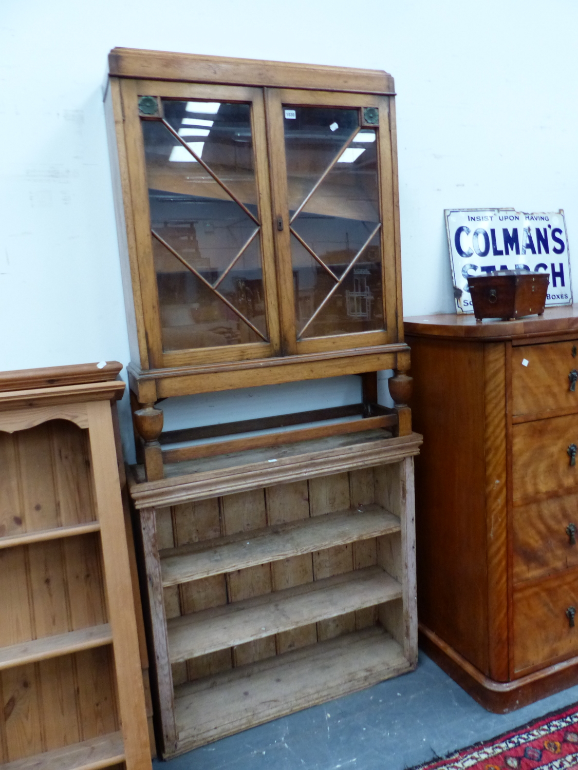 A 1940'S GLAZED OAK DISPLAY CABINET TOGETHER WITH A PINED CABINET OF THREE SHELVES NOW OPEN FRONTED