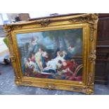 A SIGNED DECORATIVE PAINTING OF A CLASSICAL SCENE, SWEPT GILT FRAME, OIL ON CANVAS, 120 x 90cms.