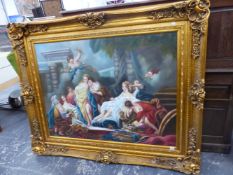 A SIGNED DECORATIVE PAINTING OF A CLASSICAL SCENE, SWEPT GILT FRAME, OIL ON CANVAS, 120 x 90cms.