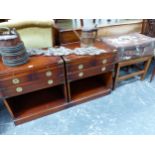 A PAIR OF BRASS CORNERED MAHOGANY CAMPAIGN STYLE BEDSIDE CABINETS, A LUGGAGE RACK AND A SUITCASE