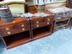 A PAIR OF BRASS CORNERED MAHOGANY CAMPAIGN STYLE BEDSIDE CABINETS, A LUGGAGE RACK AND A SUITCASE