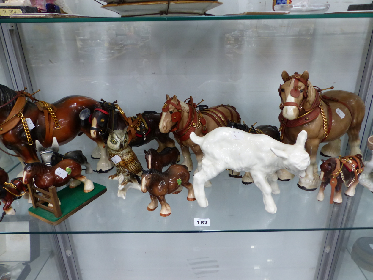 BESWICK AND OTHER CART HORSE FIGURES, A LAMB, A DONKEY, AN OWL AND A GOOSE GIRL