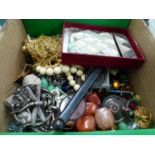 A QUANTITY OF LOOSE BEADS, COSTUME JEWELLERY INC. MARCASITE AND PASTE SET PIECES AN IVORY CARVED