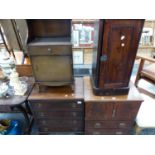 TWO BEDSIDE CUPBOARDS, A MAHOGANY TWO DRAWER NIGHT TABLE AND A MAHOGANY CHEST OF FOUR DRAWERS