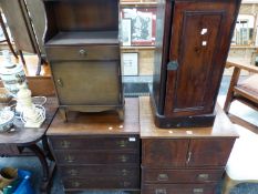 TWO BEDSIDE CUPBOARDS, A MAHOGANY TWO DRAWER NIGHT TABLE AND A MAHOGANY CHEST OF FOUR DRAWERS