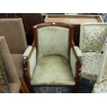 A MAHOGANY SHOW FRAME ARMCHAIR, THE ARMS WITH SWAN NECK HANDLES