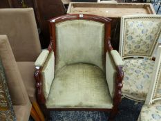 A MAHOGANY SHOW FRAME ARMCHAIR, THE ARMS WITH SWAN NECK HANDLES